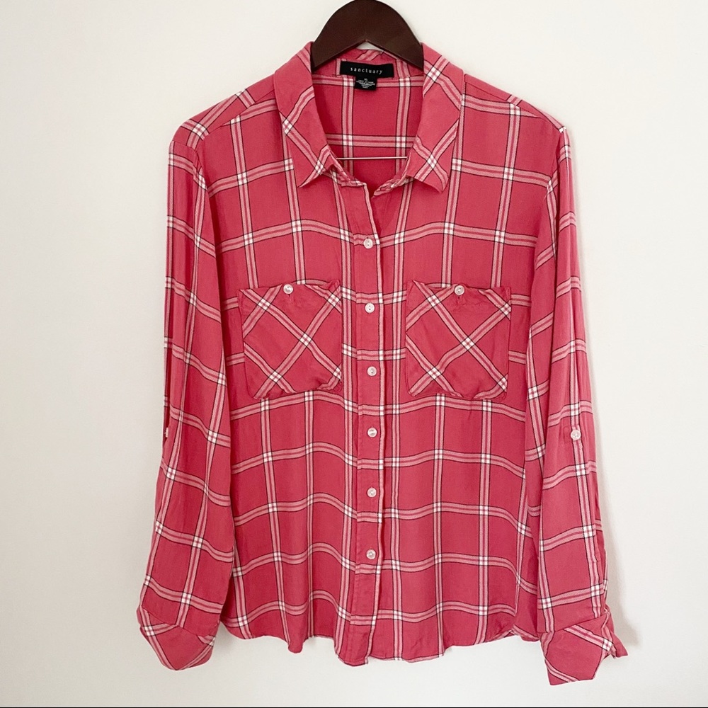 Sanctuary Pink Plaid Button Down Long Sleeve Top